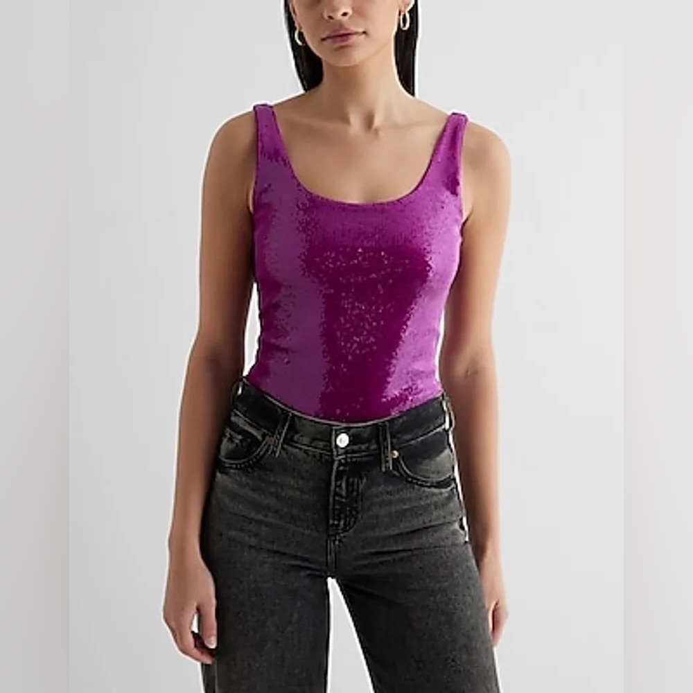 Express Body Contour Wild Orchid Sequin Tank Bodysuit Size S